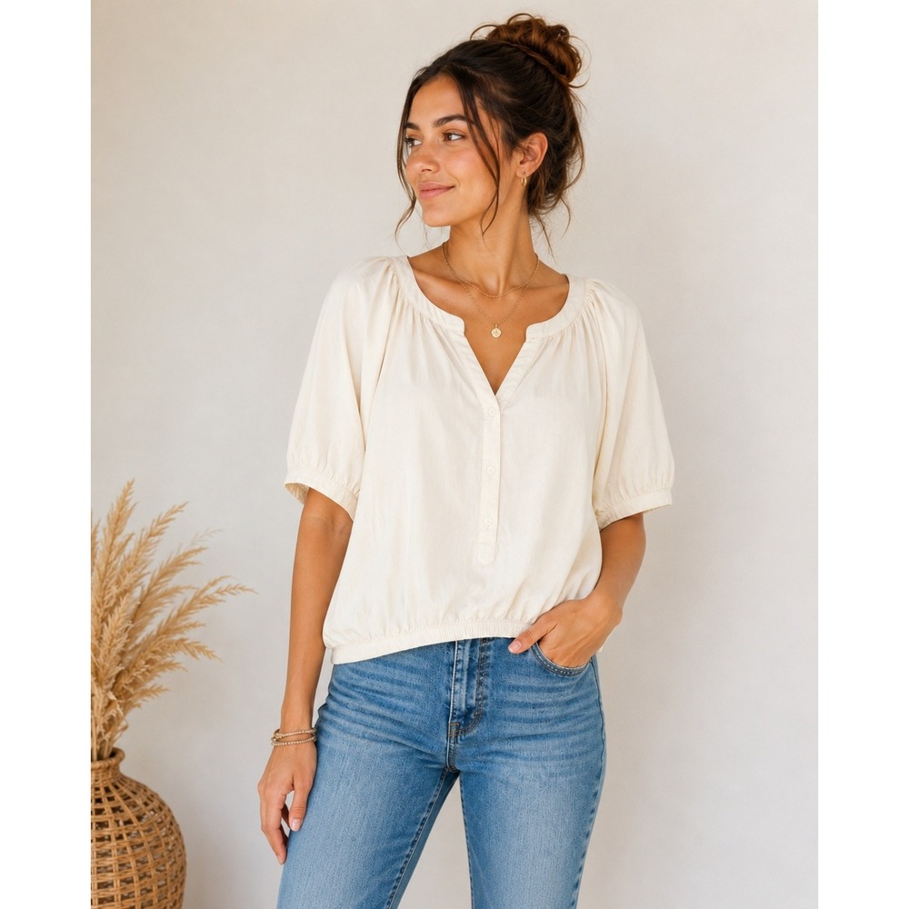 Aerie Puff Sleeve Pullover Split Neck Peasant Cropped Top Cream Size M